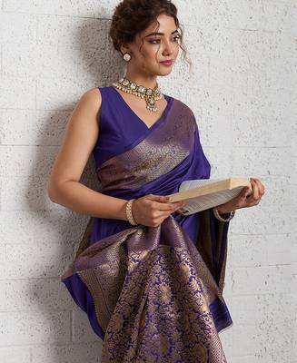 Royal blue woven self design embellished silk blend banarasi saree with blouse 2