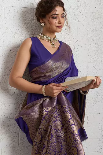 Royal blue woven, self design, embellished pure silk banarasi saree with blouse