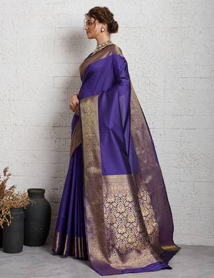 Royal blue woven self design embellished silk blend banarasi saree with blouse 4