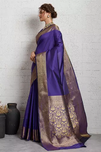 Royal blue woven, self design, embellished pure silk banarasi saree with blouse