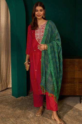Women's red silk embroidered straight kurta pant set with dupatta