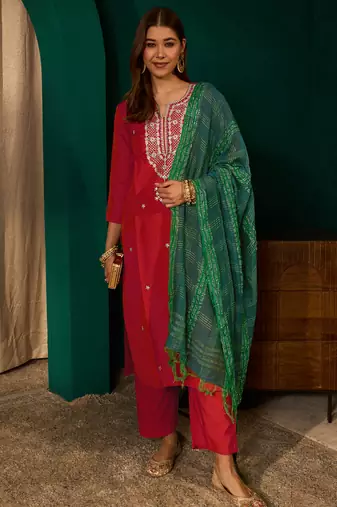 Women's red silk embroidered straight kurta pant set with dupatta