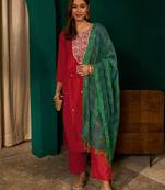 Women's red silk embroidered straight kurta pant set with dupatta