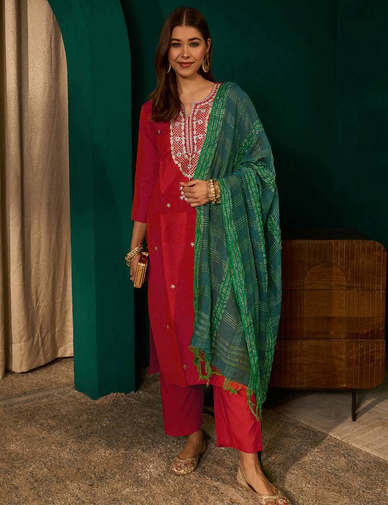 Women's red silk embroidered straight kurta pant set with dupatta