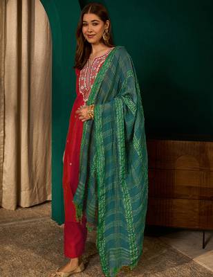 red silk embroidered straight kurta pant set with dupatta 2