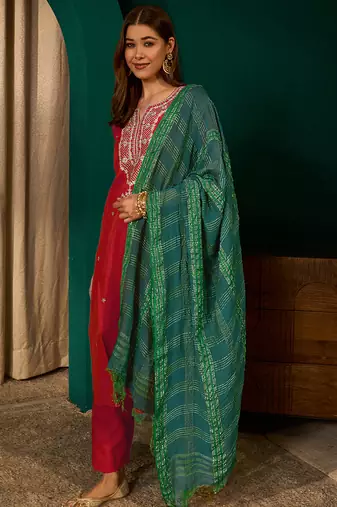 red silk embroidered straight kurta pant set with dupatta