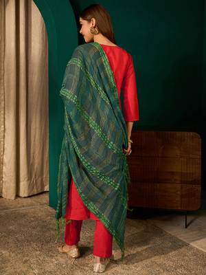 red silk embroidered straight kurta pant set with dupatta 3