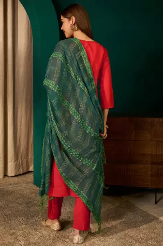 red silk embroidered straight kurta pant set with dupatta