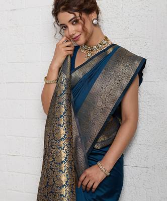 Teal blue woven self design embellished silk blend banarasi saree with blouse 2