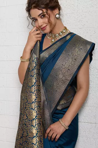 Teal blue woven, self design, embellished pure silk banarasi saree with blouse