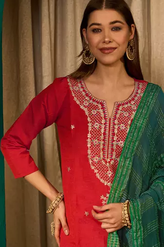 red silk embroidered straight kurta pant set with dupatta