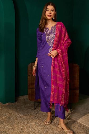 Women's violet silk embroidered straight kurta pant set with dupatta