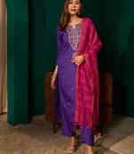 Women's violet silk embroidered straight kurta pant set with dupatta