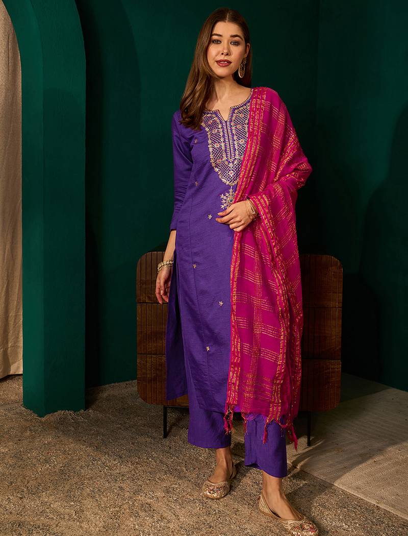 Women's violet silk embroidered straight kurta pant set with dupatta