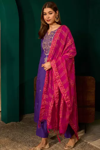 violet silk embroidered straight kurta pant set with dupatta