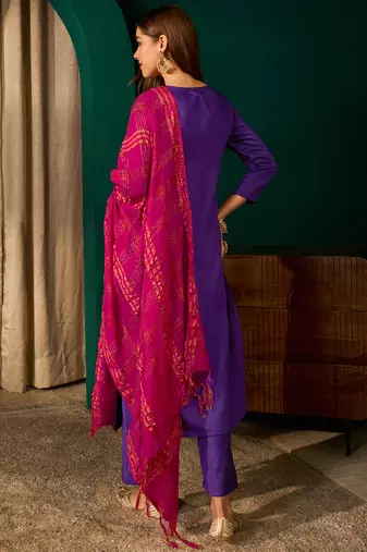 violet silk embroidered straight kurta pant set with dupatta