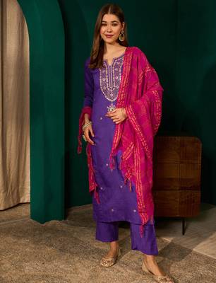 violet silk embroidered straight kurta pant set with dupatta 4