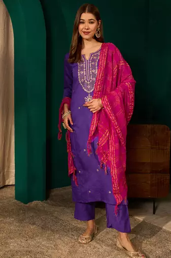 violet silk embroidered straight kurta pant set with dupatta