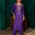 Women's violet silk embroidered straight kurta pant set with dupatta