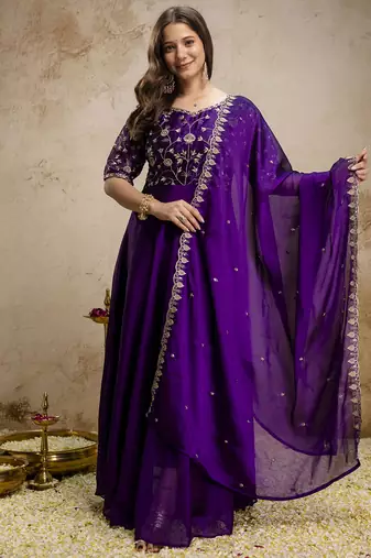 Women's purple chinon embroidered anarkali style gown with dupatta