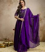 Women's purple chinon embroidered anarkali style gown with dupatta