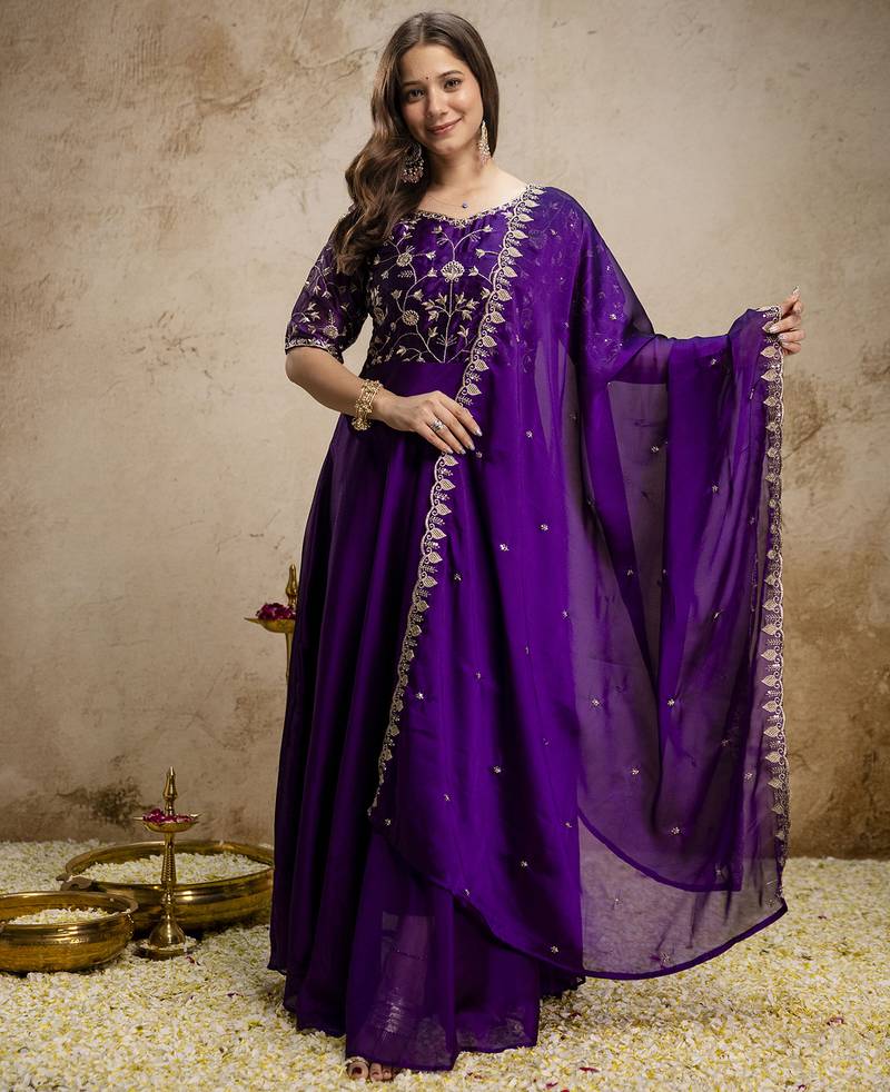 Women's purple chinon embroidered anarkali style gown with dupatta