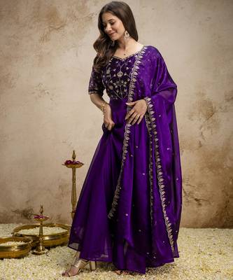 purple chinon embroidered anarkali style gown with dupatta 2