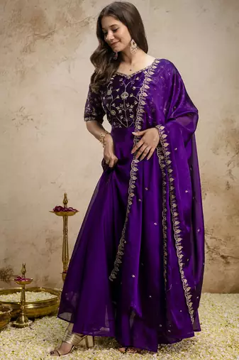 purple chinon embroidered anarkali style gown with dupatta