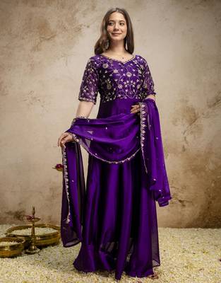 purple chinon embroidered anarkali style gown with dupatta 3