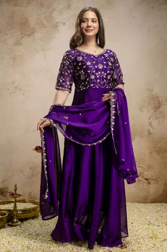 purple chinon embroidered anarkali style gown with dupatta