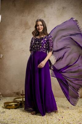 purple chinon embroidered anarkali style gown with dupatta 4