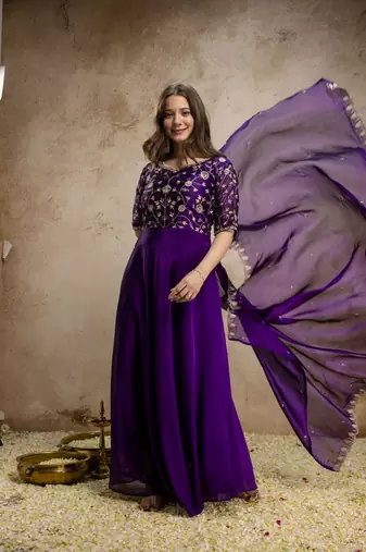 purple chinon embroidered anarkali style gown with dupatta