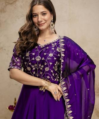 purple chinon embroidered anarkali style gown with dupatta 5