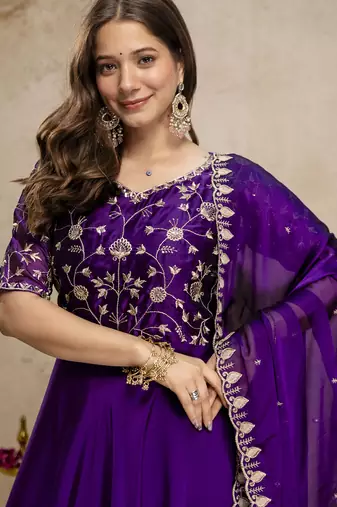 purple chinon embroidered anarkali style gown with dupatta