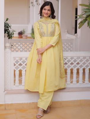 Superb Yellow Bead Embroidered Chanderi Haldi Wear Salwar Kameez 1