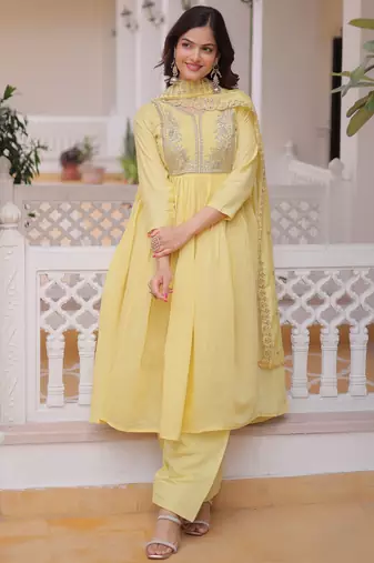 Superb Yellow Bead Embroidered Chanderi Haldi Wear Salwar Kameez