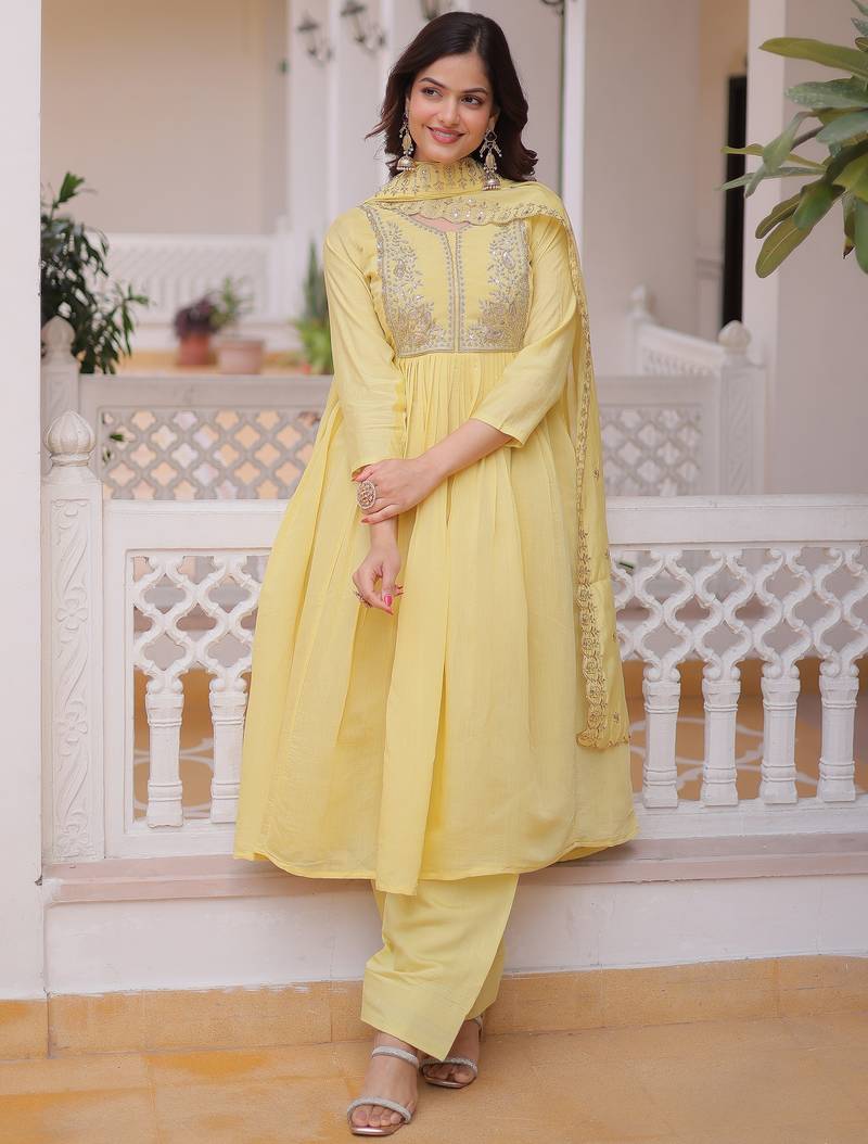 Superb Yellow Bead Embroidered Chanderi Haldi Wear Salwar Kameez