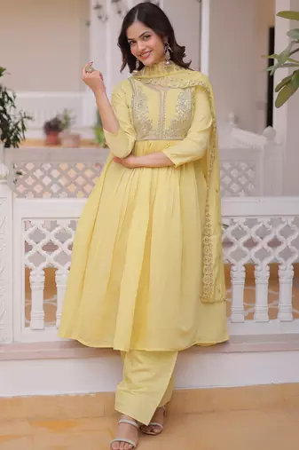 Superb Yellow Bead Embroidered Chanderi Haldi Wear Salwar Kameez
