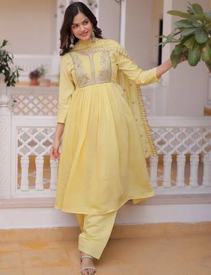 Superb Yellow Bead Embroidered Chanderi Haldi Wear Salwar Kameez 3