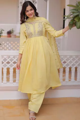 Superb Yellow Bead Embroidered Chanderi Haldi Wear Salwar Kameez