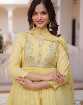 Superb Yellow Bead Embroidered Chanderi Haldi Wear Salwar Kameez 4