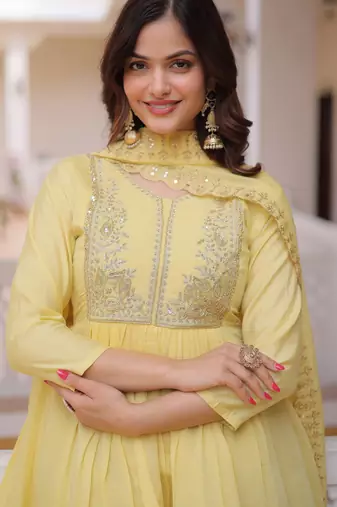 Superb Yellow Bead Embroidered Chanderi Haldi Wear Salwar Kameez
