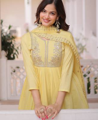 Superb Yellow Bead Embroidered Chanderi Haldi Wear Salwar Kameez 5