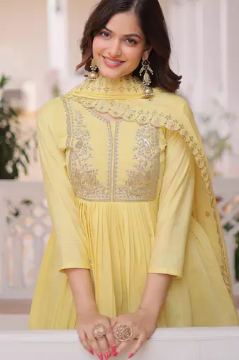 Superb Yellow Bead Embroidered Chanderi Haldi Wear Salwar Kameez