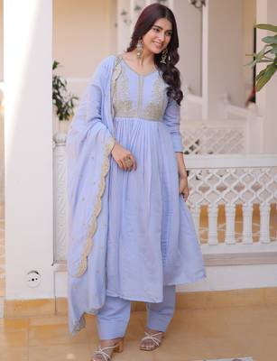 Awesome Sky Blue Bead Embroidered Chanderi Event Wear Salwar Kameez 1