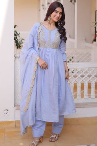 Awesome Sky Blue Bead Embroidered Chanderi Event Wear Salwar Kameez