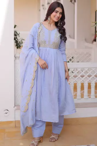 Awesome Sky Blue Bead Embroidered Chanderi Event Wear Salwar Kameez