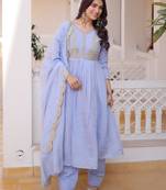 Awesome Sky Blue Bead Embroidered Chanderi Event Wear Salwar Kameez