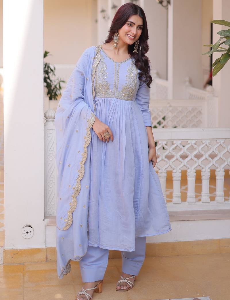 Awesome Sky Blue Bead Embroidered Chanderi Event Wear Salwar Kameez
