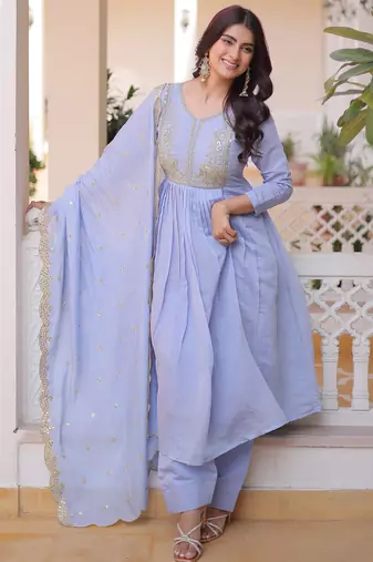 Awesome Sky Blue Bead Embroidered Chanderi Event Wear Salwar Kameez